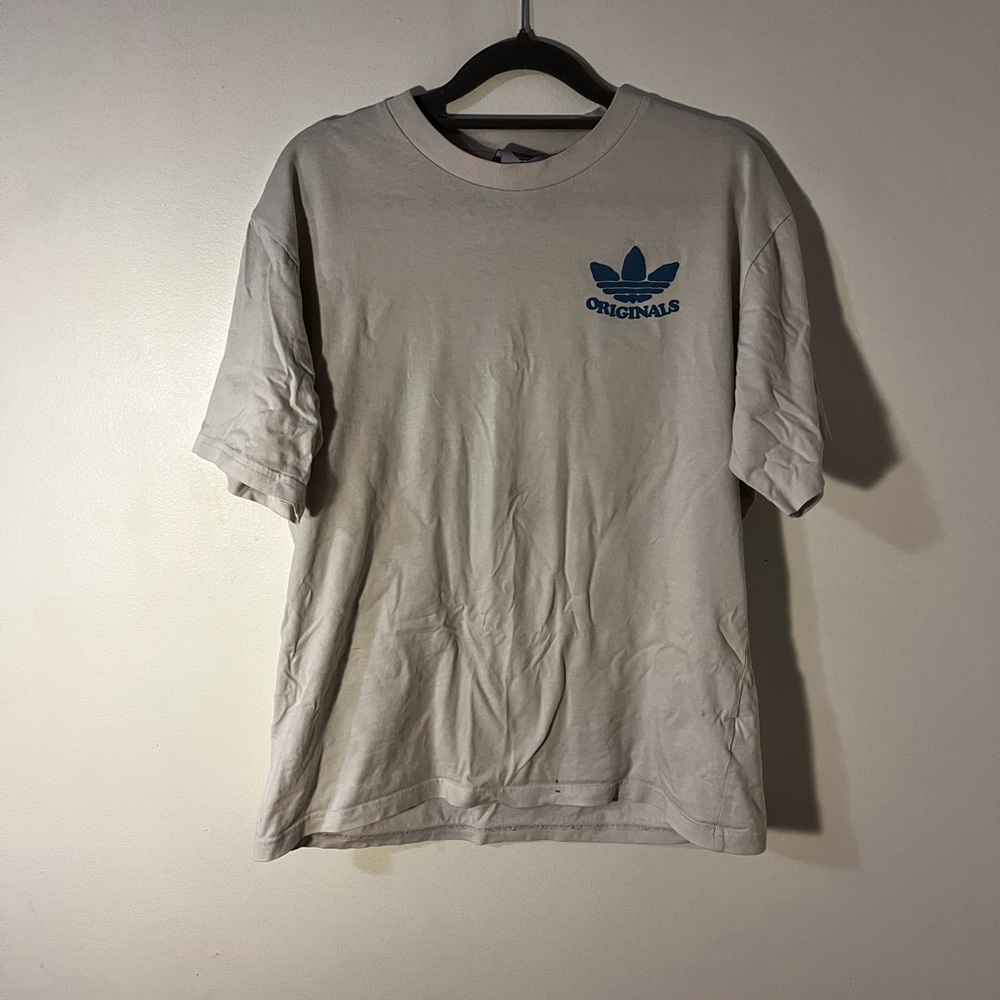 Adidas Men's Cream Tee with Blue Logo